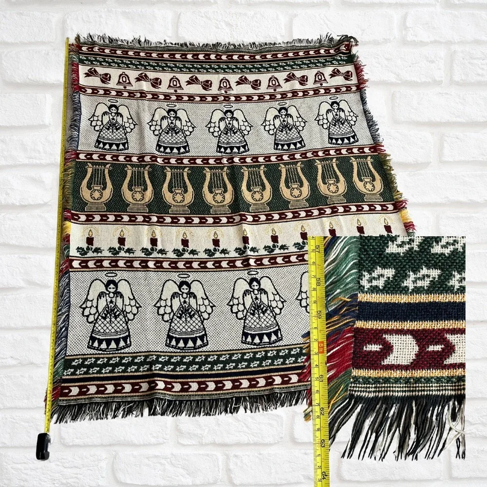 Reversible Angel Christmas Throw Blanket 60x47, Fringed Tapestry, Holiday Décor